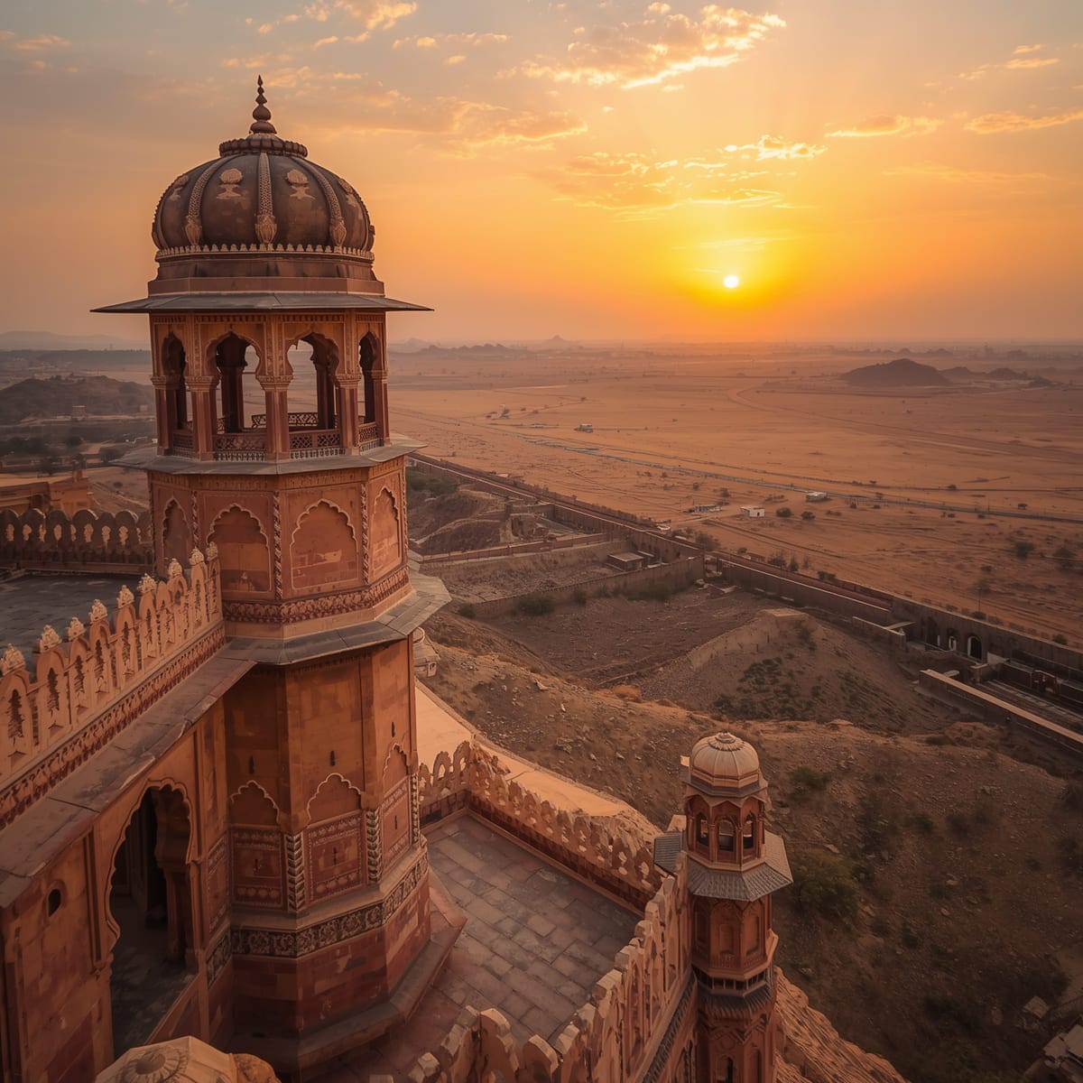 "A high-angle view from a sandstone fort in Rajasthan, showing an ornate domed tower and balconies overlooking a vast, arid landscape under a golden sunset sky."