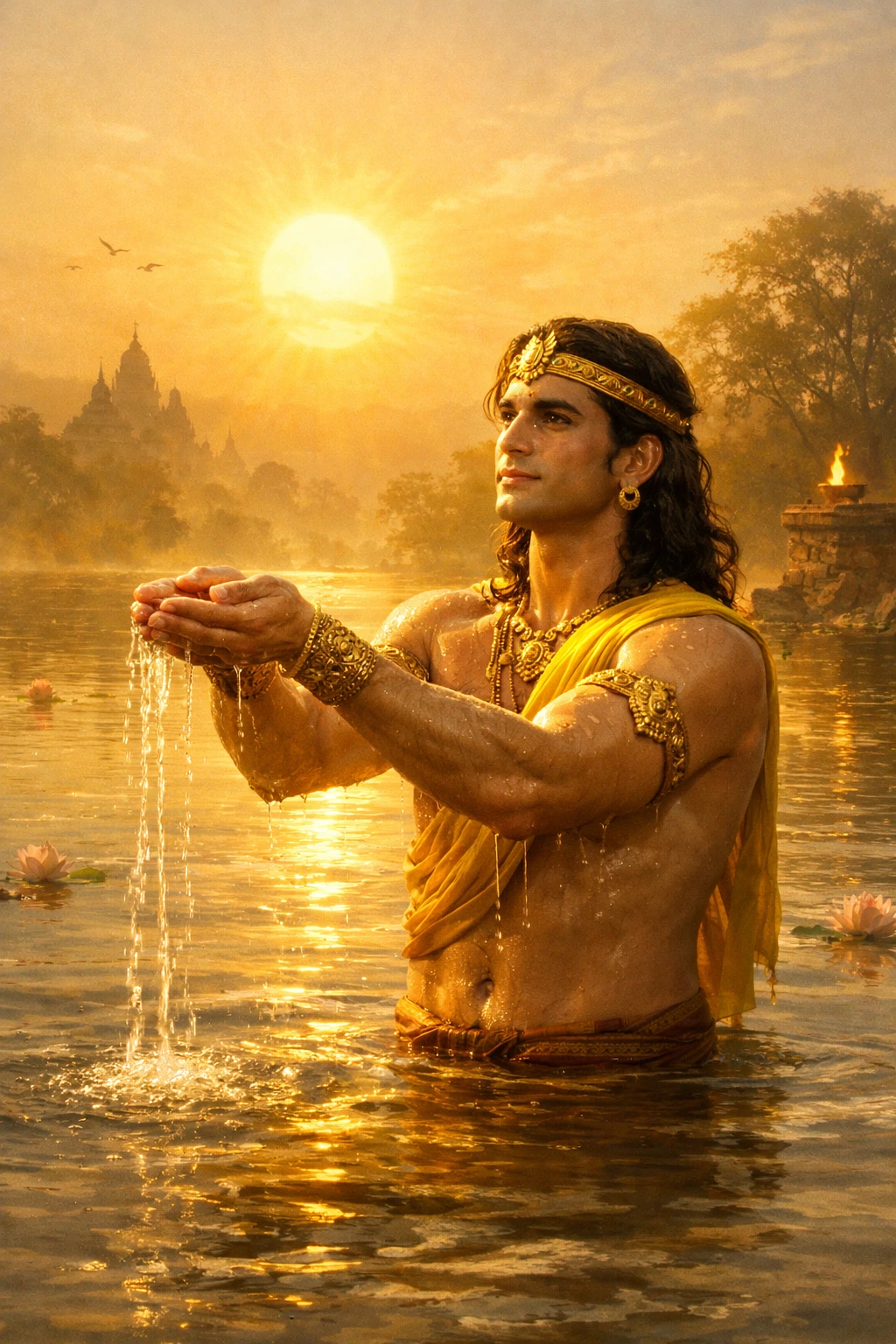 Danveer Karn is standing in a river, offering water to the rising sun. He is wearing golden jewelry and yellow clothes, with some old temples seen in the misty background