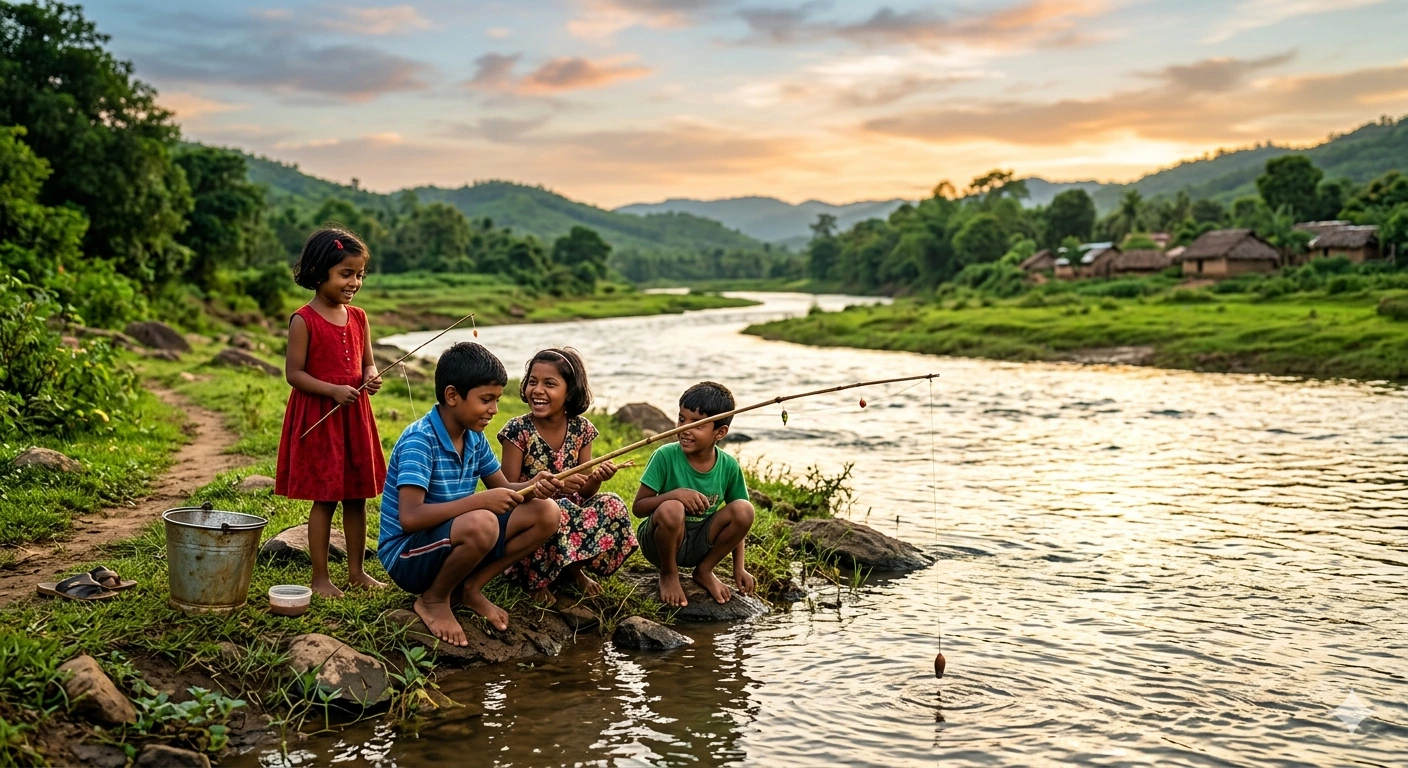indian village fish hunting kids