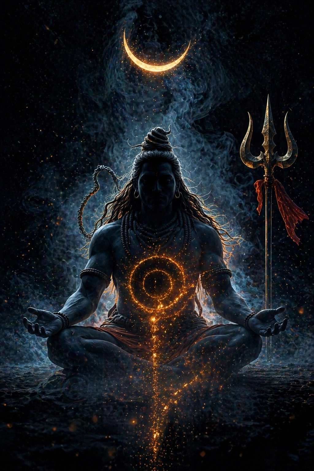 "A cinematic digital artwork of Lord Shiva in a meditative pose with a glowing golden energy symbol on his chest, a crescent moon above his head, and a Trishul by his side, AI generated."