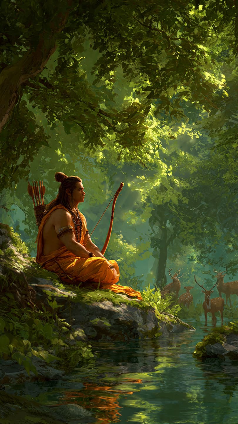 AI-generated artwork of Lord Rama in a deep meditative pose near a river in a sun-drenched forest with deer.