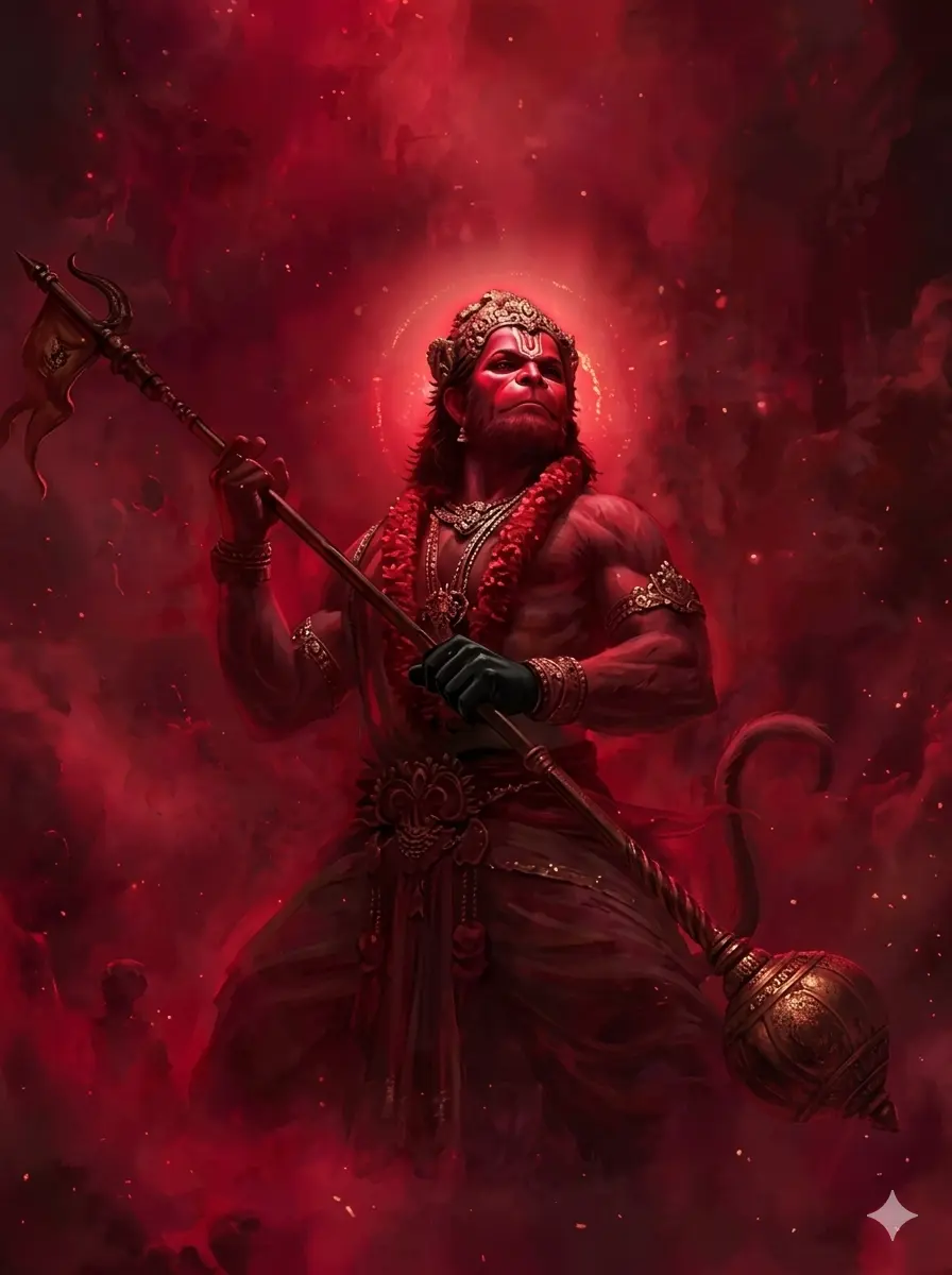 "An AI generated image of Lord Hanuman in a powerful Rudra form, holding a Gada and trident against a fiery red divine background."