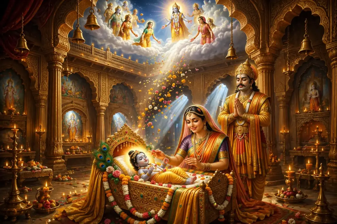 A beautiful and divine scene of baby Lord Krishna lying in an ornate golden cradle, being lovingly watched by Mata Yashoda and Nanda Maharaj in a grand palace setting. Heavenly gods are seen in the clouds above, showering flowers. AI Generated.