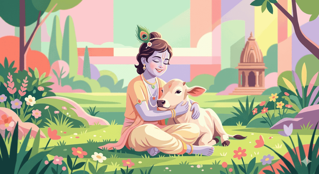 Bal Krishna Art, Krishna Hugging Calf, AI Generated Krishna Illustration, Spiritual Vector Art, Vrindavan Garden Wallpaper, Young Krishna Digital Painting, Hindu God Cute Art, Krishna and Cow Devotion, Modern Krishna Graphics, Peaceful Vrindavan Scene.