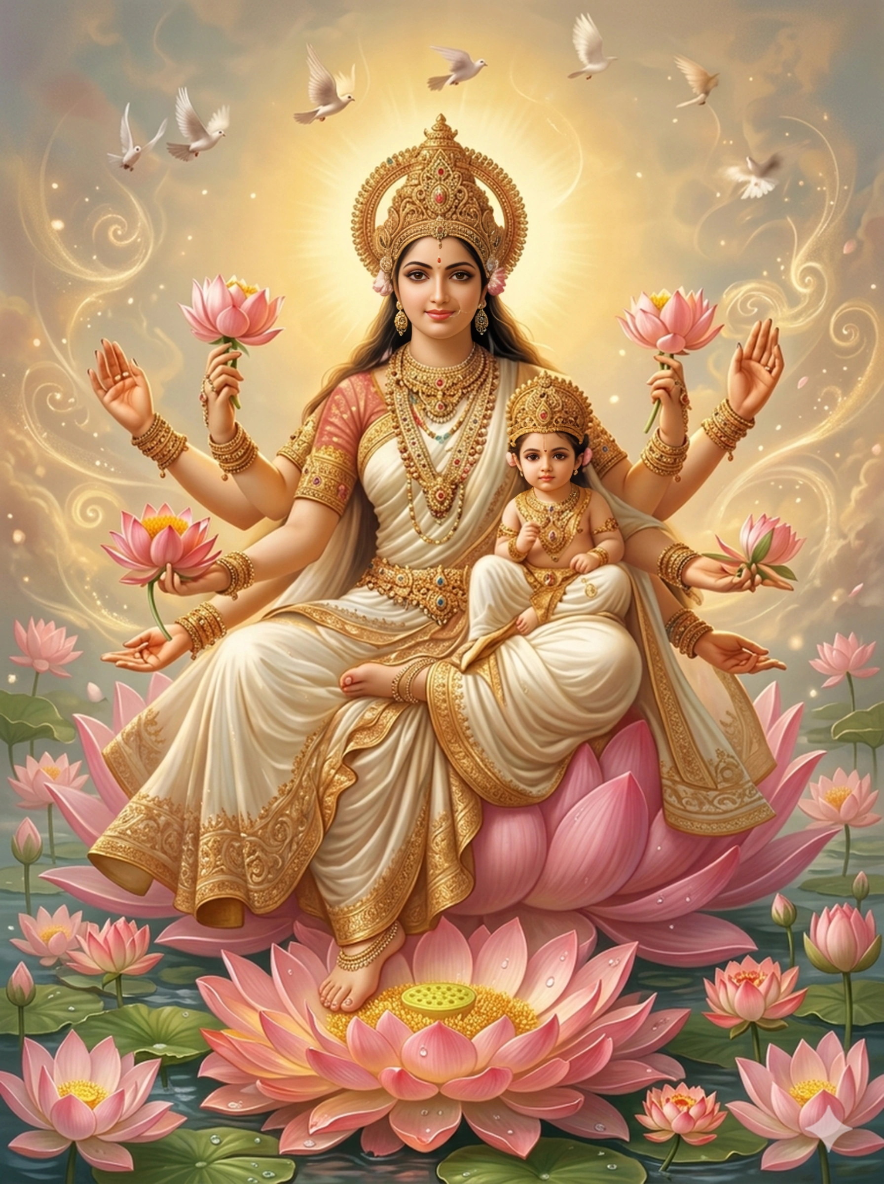 A beautiful cinematic digital painting of Goddess Lakshmi seated on a pink lotus, holding pink lotus flowers in her multiple hands, with a young Bal Ganesha on her lap, surrounded by white doves. AI Generated