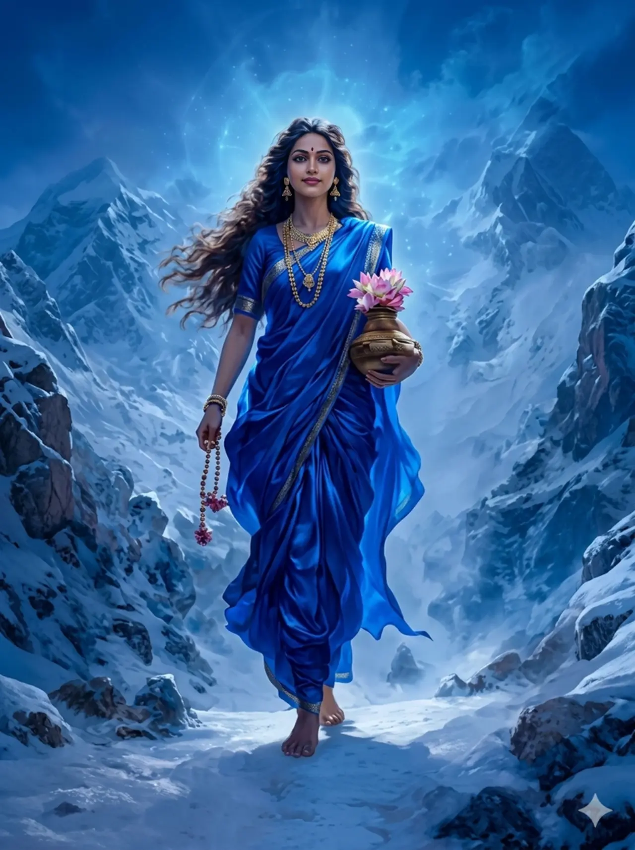 Goddess Parvati walking through snow-capped Himalayan mountains in a blue saree, holding a kalash with lotuses, AI Generated.