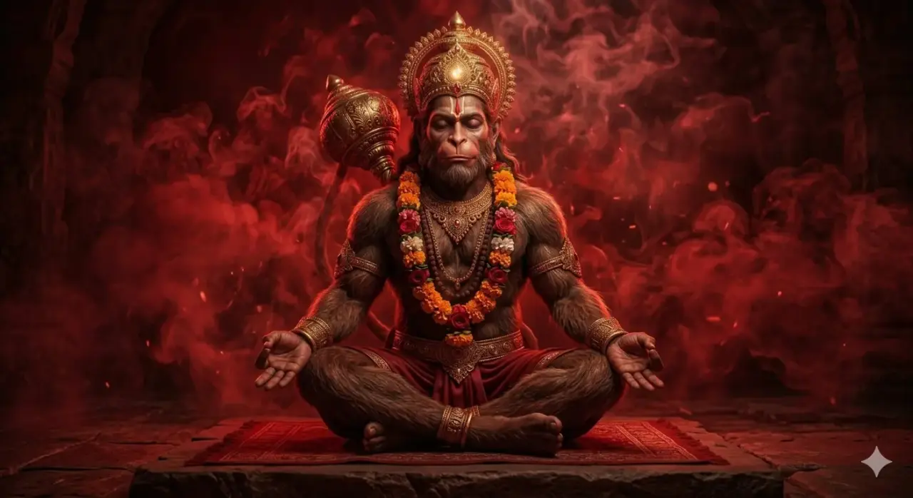 Meditating Lord Hanuman in Dhyana Mudra with red smoke background, golden crown, and Gada mace; AI-generated artwork.