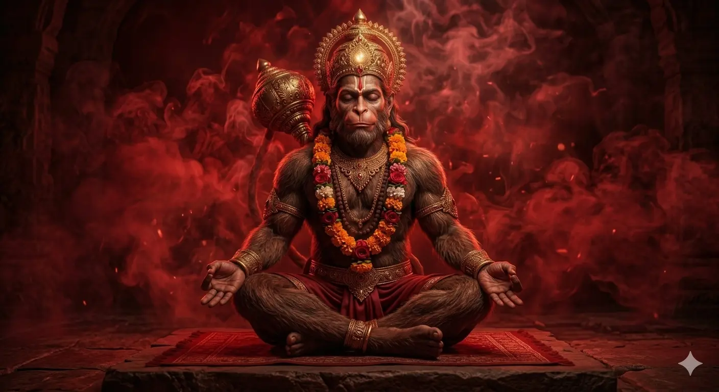 Meditating Lord Hanuman in Dhyana Mudra with red smoke background, golden crown, and Gada mace; AI-generated artwork.