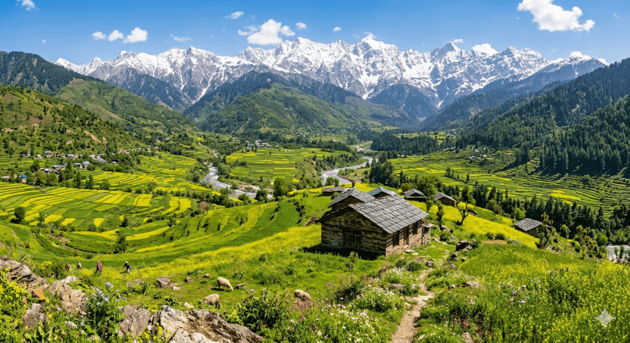 himalayan valley terraced fields snowy peaks.jpg