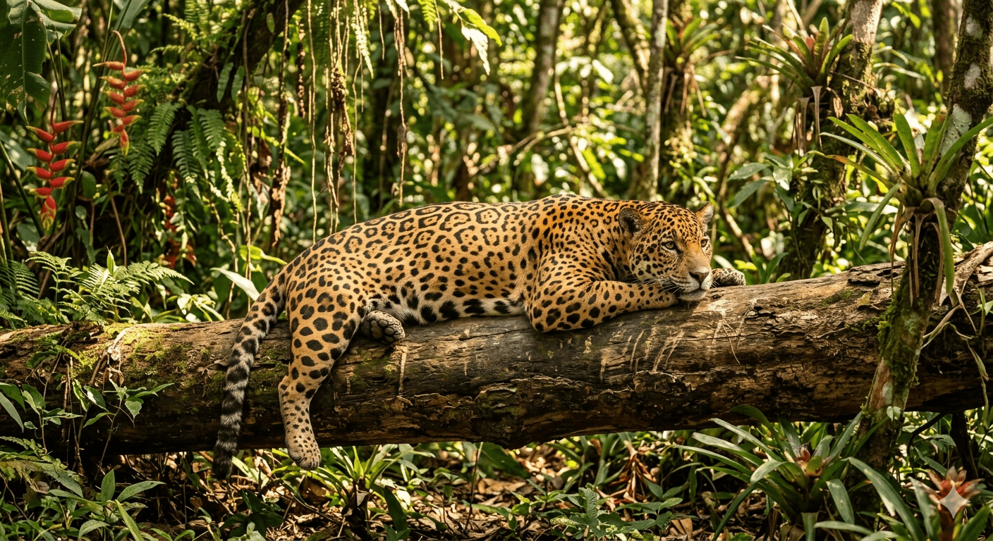 jaguar resting fallen log rainforest.jpg