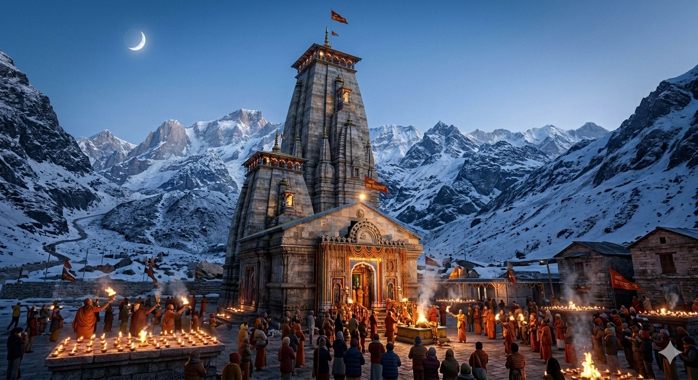 A breathtaking AI-generated view of Kedarnath Temple at night with snow-covered mountains, lit lamps, and devotees performing aarti, available for free downloading.