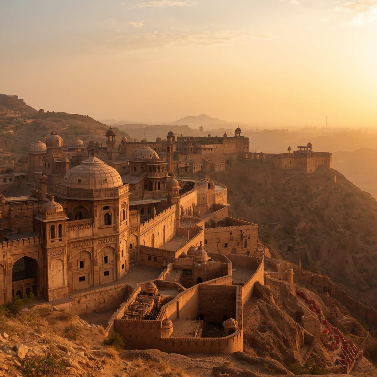 AI generated detailed view of an ancient hilltop fort in India, featuring grand stone domes, fortified walls, and traditional architecture under a hazy golden sunset sky.