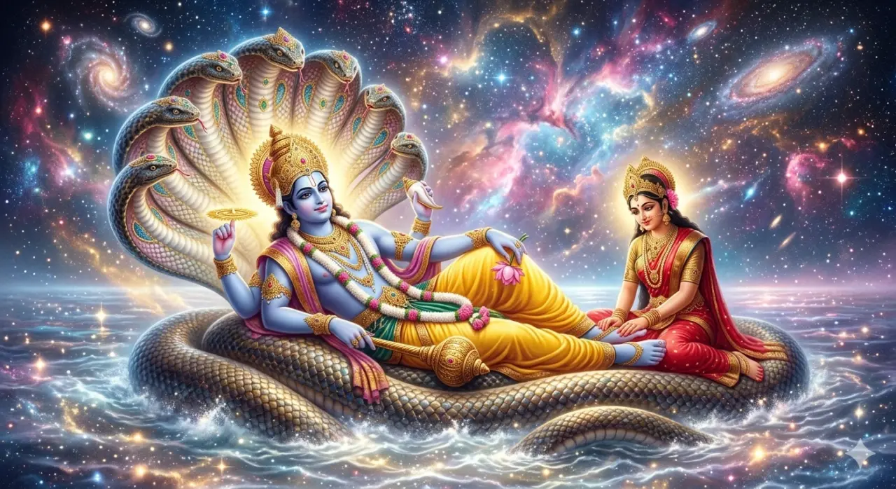 "An AI generated vibrant digital art of Lord Vishnu reclining on the multi-headed serpent Sheshnag with Goddess Lakshmi, set against a breathtaking cosmic galaxy background."