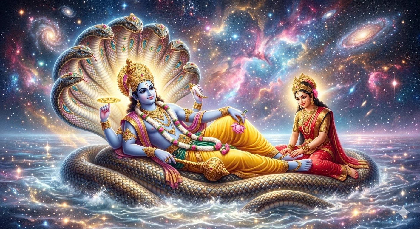 "An AI generated vibrant digital art of Lord Vishnu reclining on the multi-headed serpent Sheshnag with Goddess Lakshmi, set against a breathtaking cosmic galaxy background."
