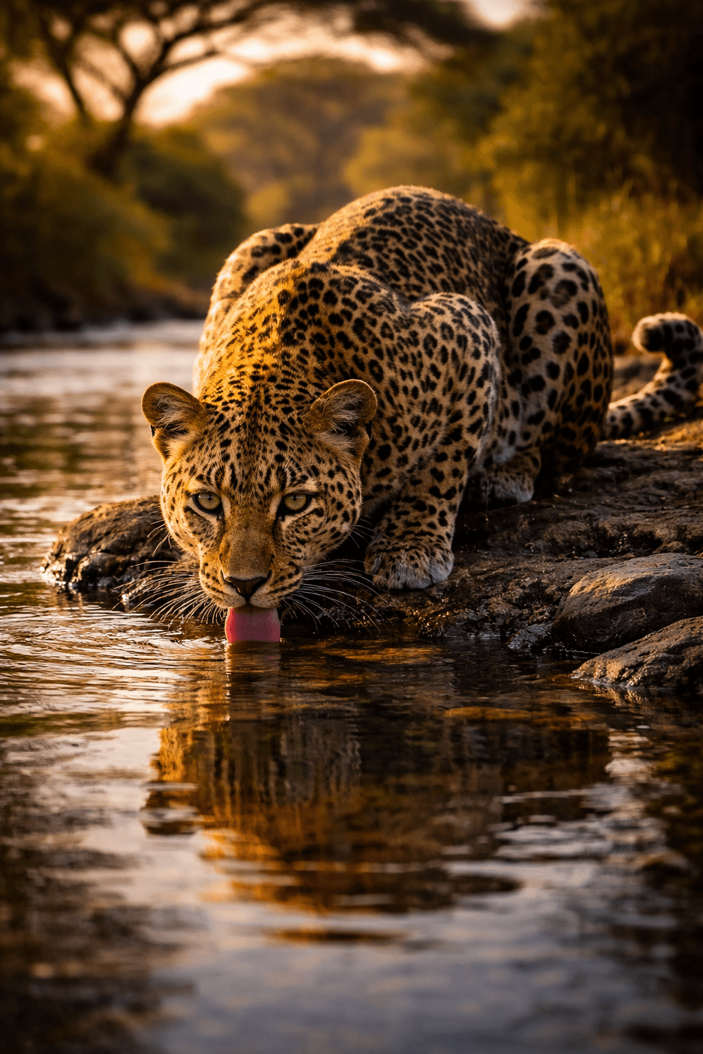 leopard drinking water riverbank sunset.jpg