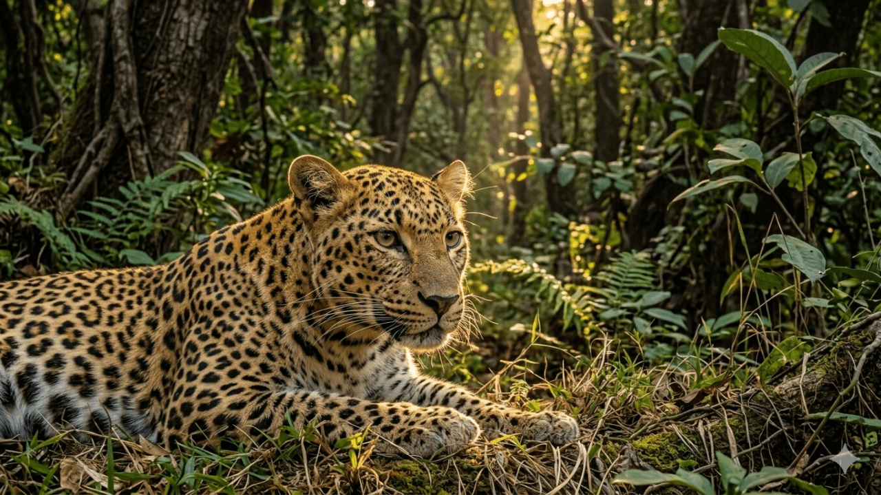 leopard resting dense jungle sunlight.jpg