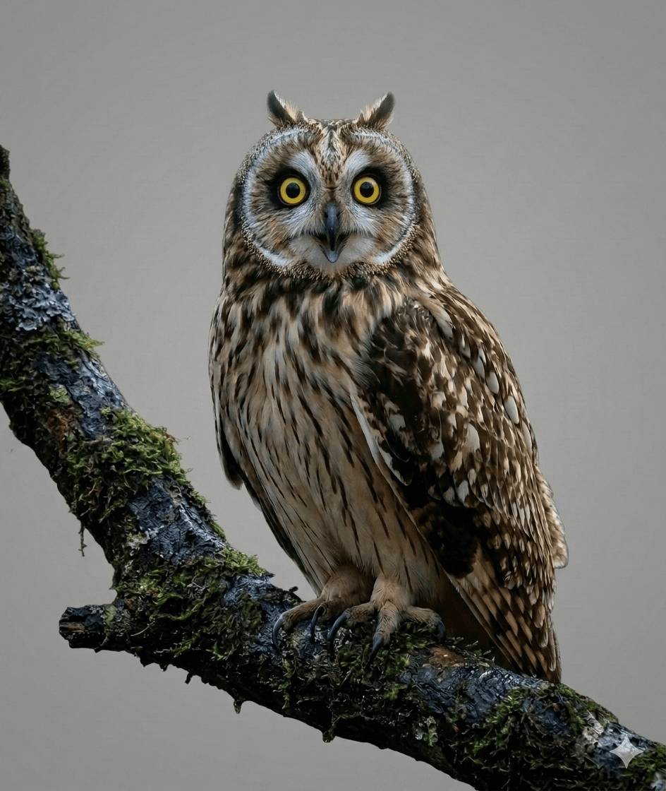 long eared owl mossy branch portrait.jpg
