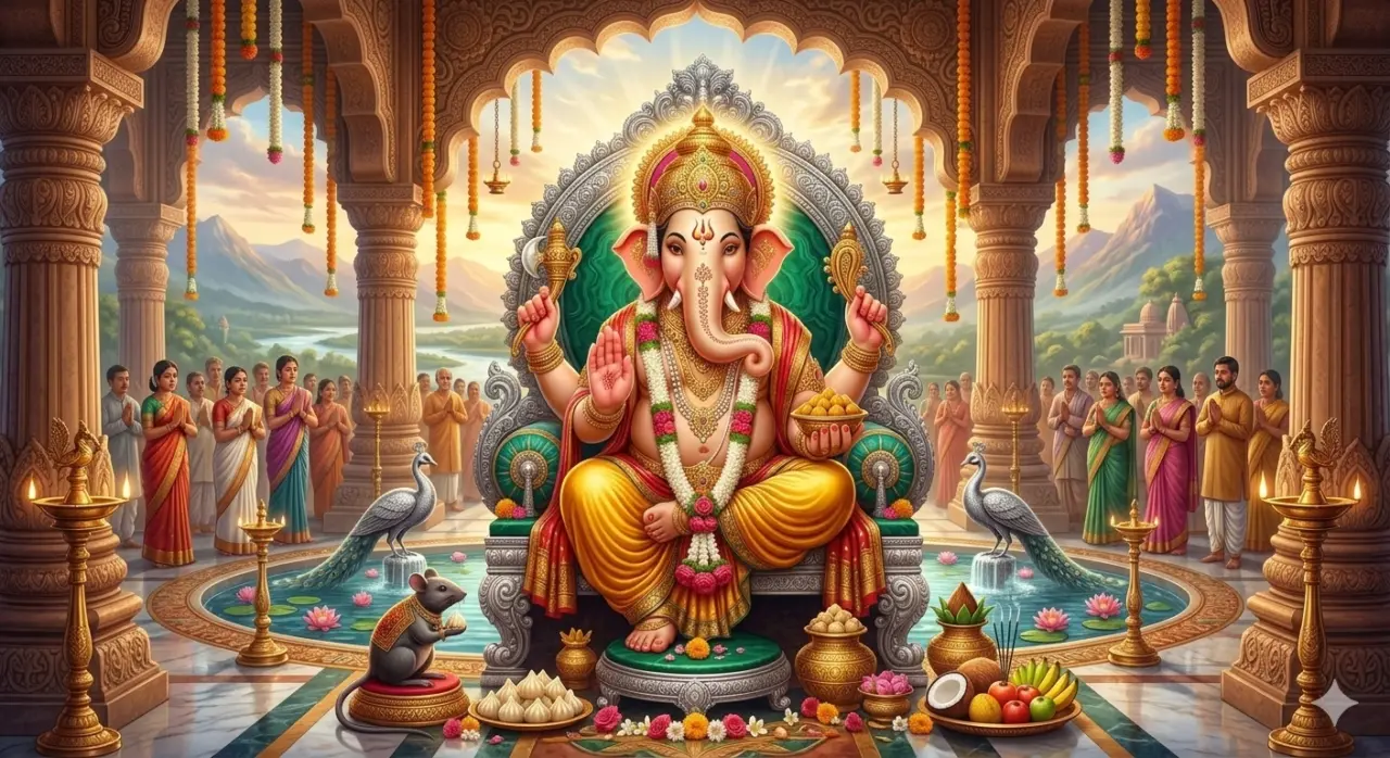 A grand and colorful cinematic illustration of Lord Ganesha seated on a majestic throne in a palace, surrounded by devotees, offerings, and a beautiful mountain landscape. AI Generated