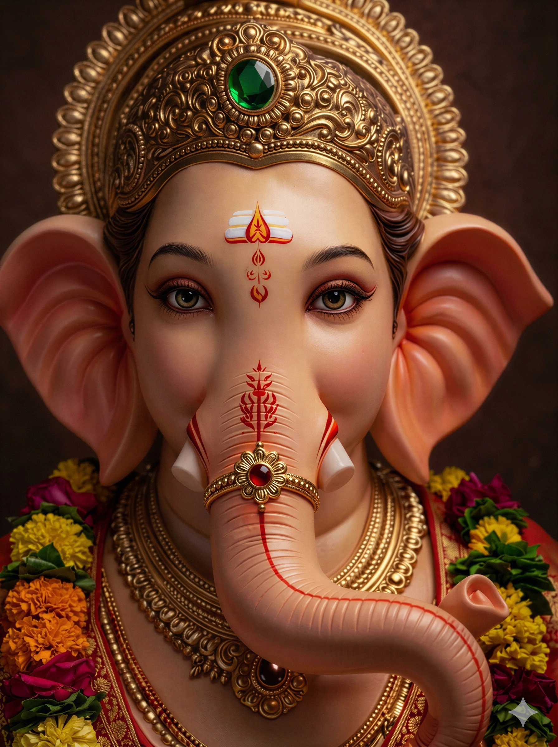 A detailed close-up of Lord Ganesha wearing a golden crown and floral garlands, AI Generated.