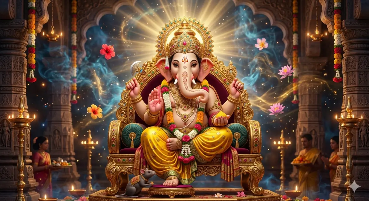 "A vibrant digital artwork of Lord Ganesha seated on a grand golden throne inside a beautifully lit temple, with devotees offering prayers and flowers floating in the air, AI generated."