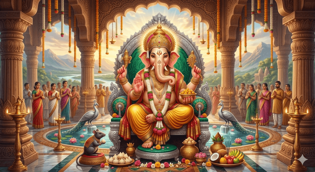 A vibrant and detailed illustration of Lord Ganesha sitting on an ornate silver throne, holding modaks and offering blessings. He is surrounded by devotees in a beautiful temple setting with mountains and a river in the background. AI Generated.