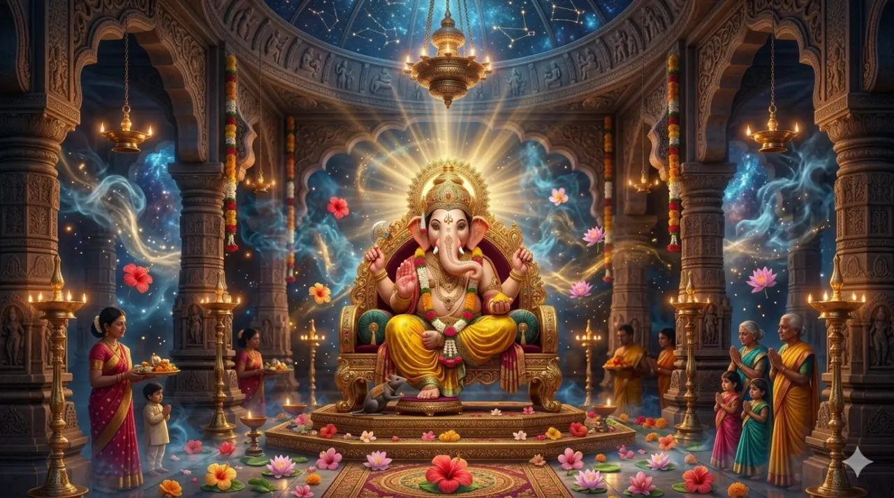 "An AI generated detailed digital art of Lord Ganesha seated on a golden throne inside a grand temple, surrounded by devotees, glowing lamps, and floating flowers."
