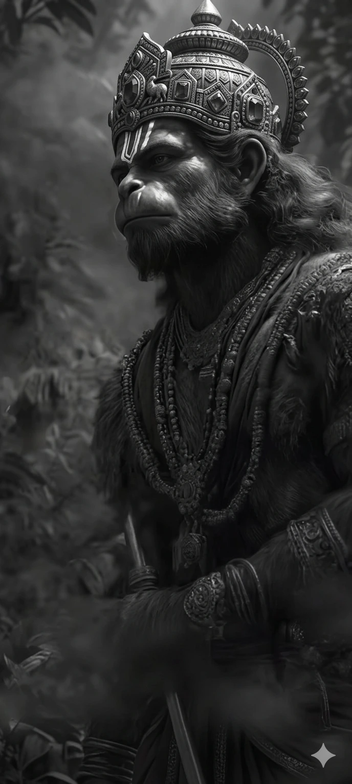 A detailed black and white cinematic portrait of Lord Hanuman wearing an ornate crown and jewelry, standing in a lush forest. AI Generated