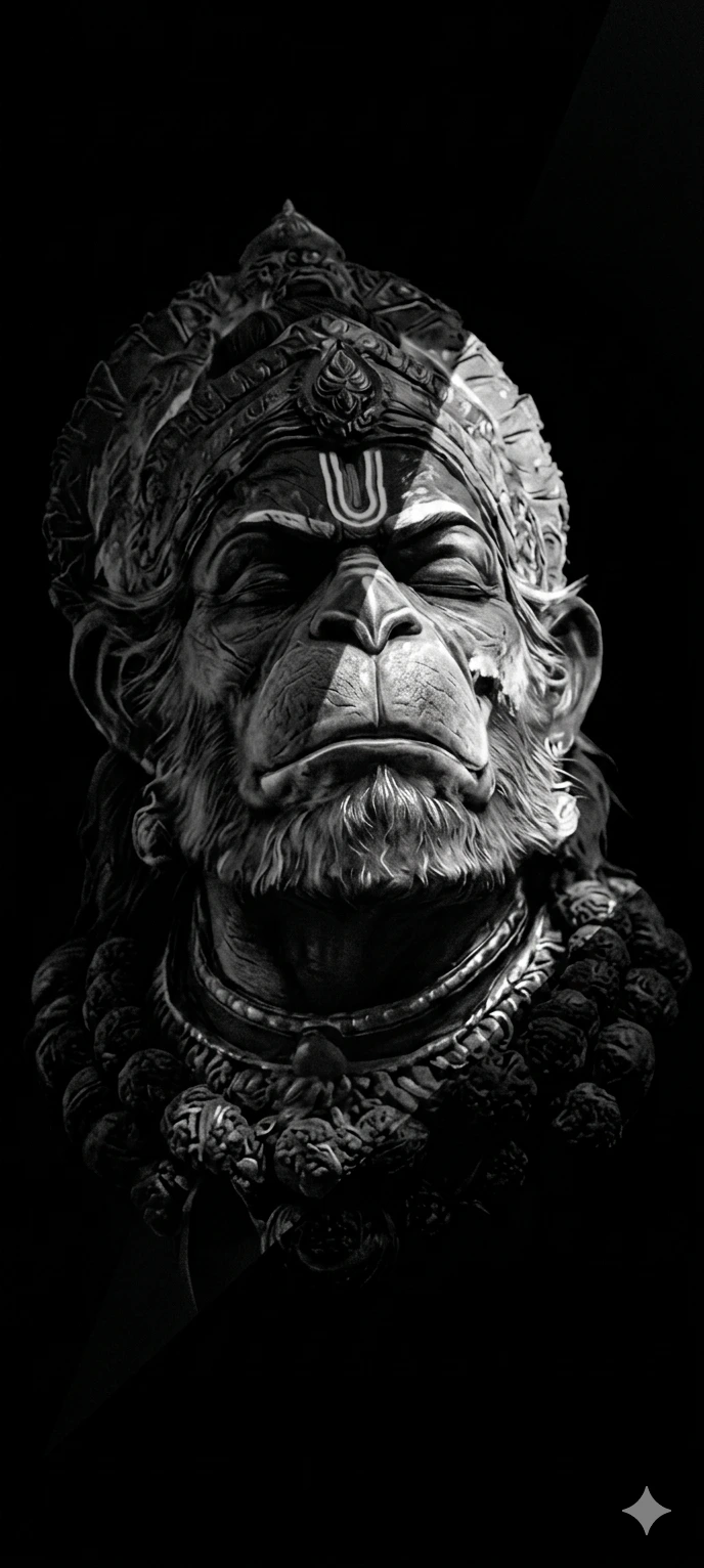 A powerful black and white close-up of Lord Hanuman's face with a stoic and meditative expression, AI Generated.