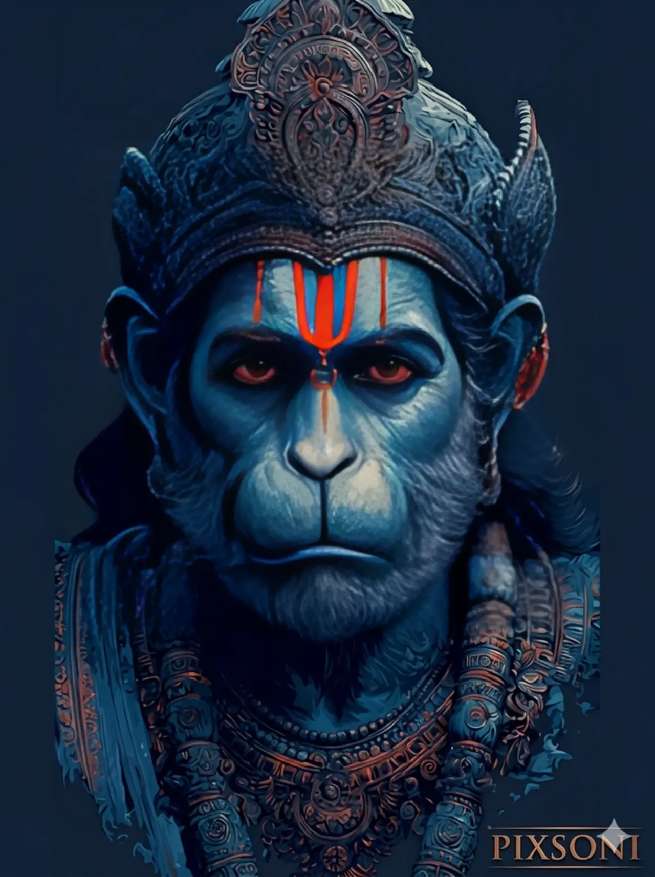 A close-up digital portrait of Lord Hanuman in a unique blue skin tone, wearing an intricate antique crown and a bright orange tilak on his forehead. AI Generated