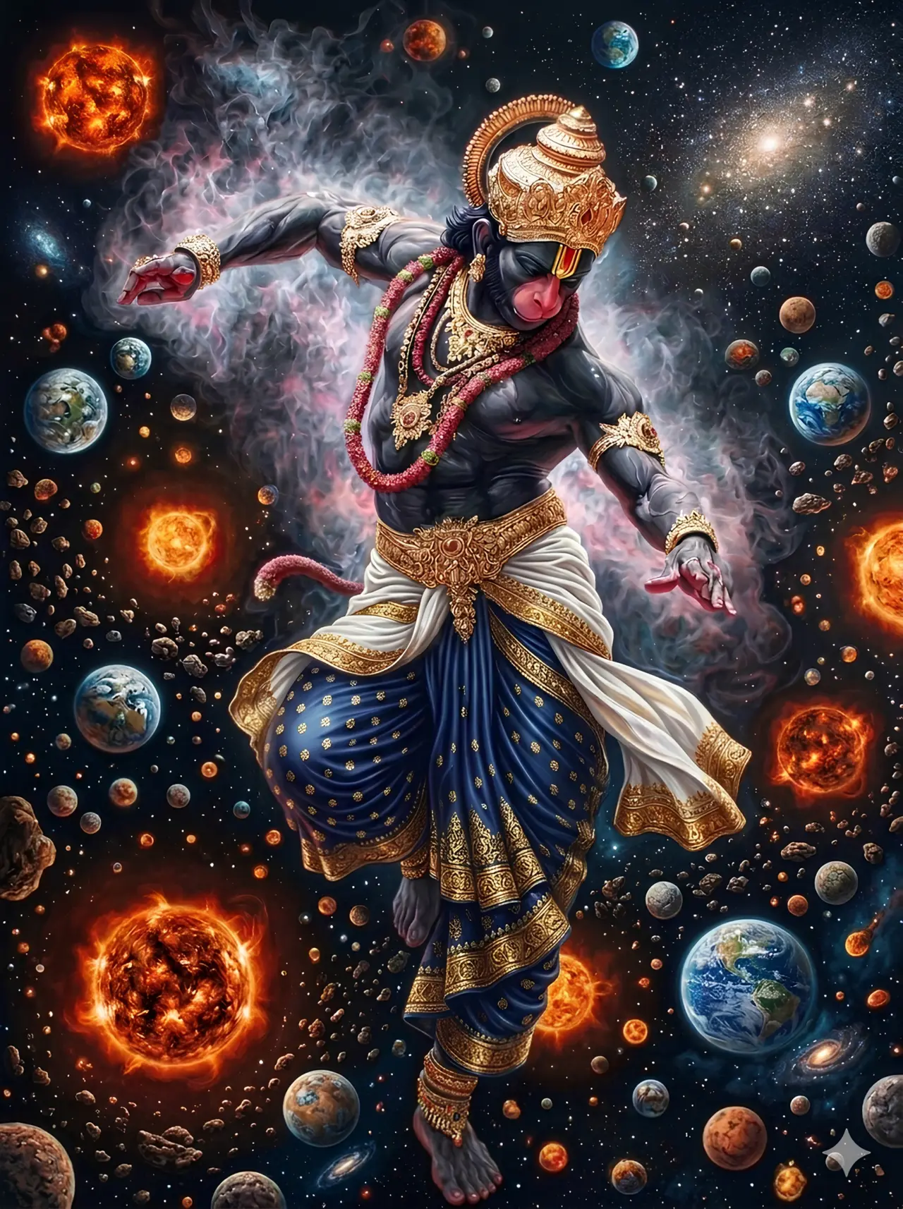 A breathtaking cinematic illustration of Lord Hanuman with dark skin and a golden crown, dancing amidst glowing suns, planets, and galaxies in deep space. AI Generated