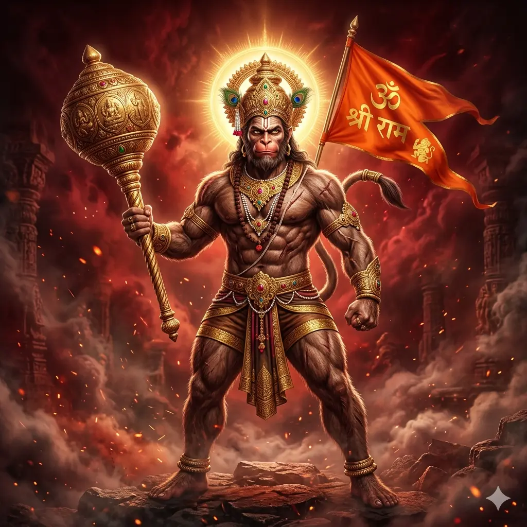 "A powerful digital portrait of Lord Hanuman holding a golden Gada and a saffron flag with 'Jai Shree Ram' written on it, standing amidst a fiery atmosphere, AI generated."