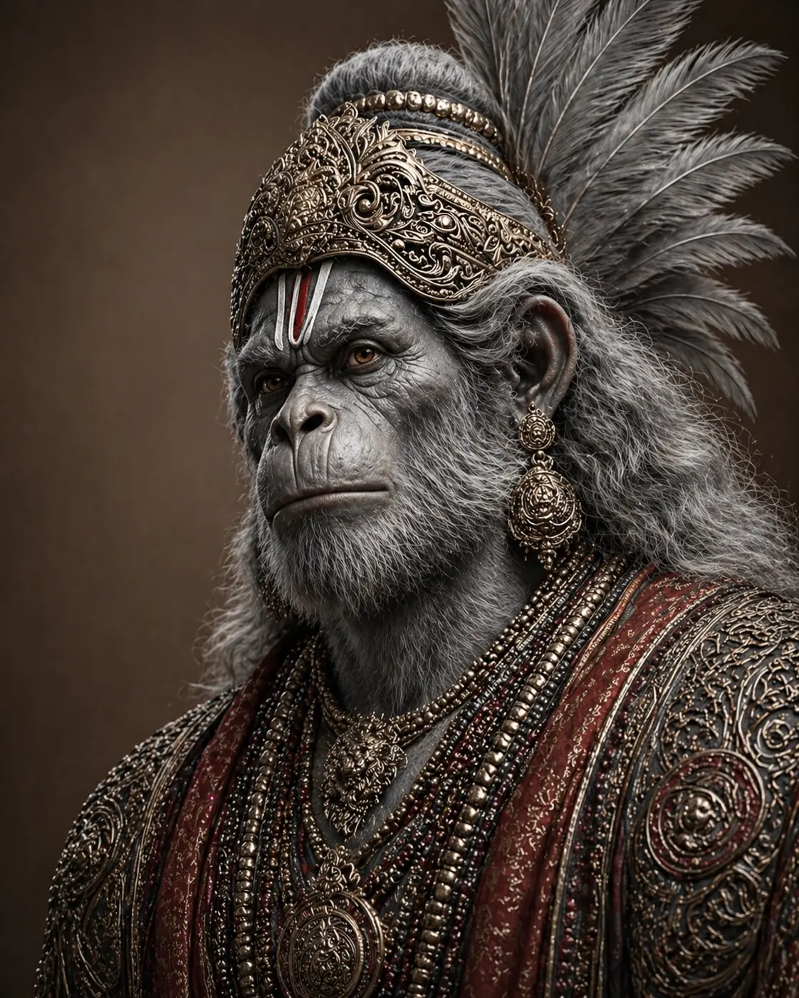 A high-detail AI-generated image of Lord Hanuman with grey fur, wearing a golden crown and jewelry, available for free download.