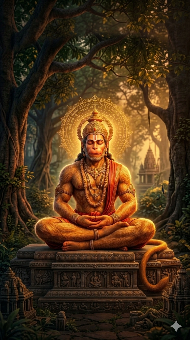 "A serene digital portrait of Lord Hanuman sitting in a cross-legged meditation pose on an ancient stone platform within a lush green forest, with a golden halo behind his head, AI generated."
