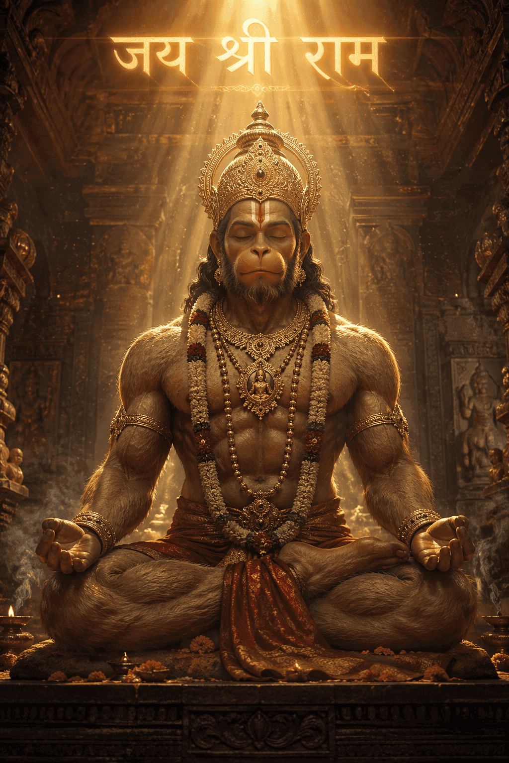 AI-generated digital art of Lord Hanuman meditating in a golden ancient temple with glowing Jai Shree Ram text.