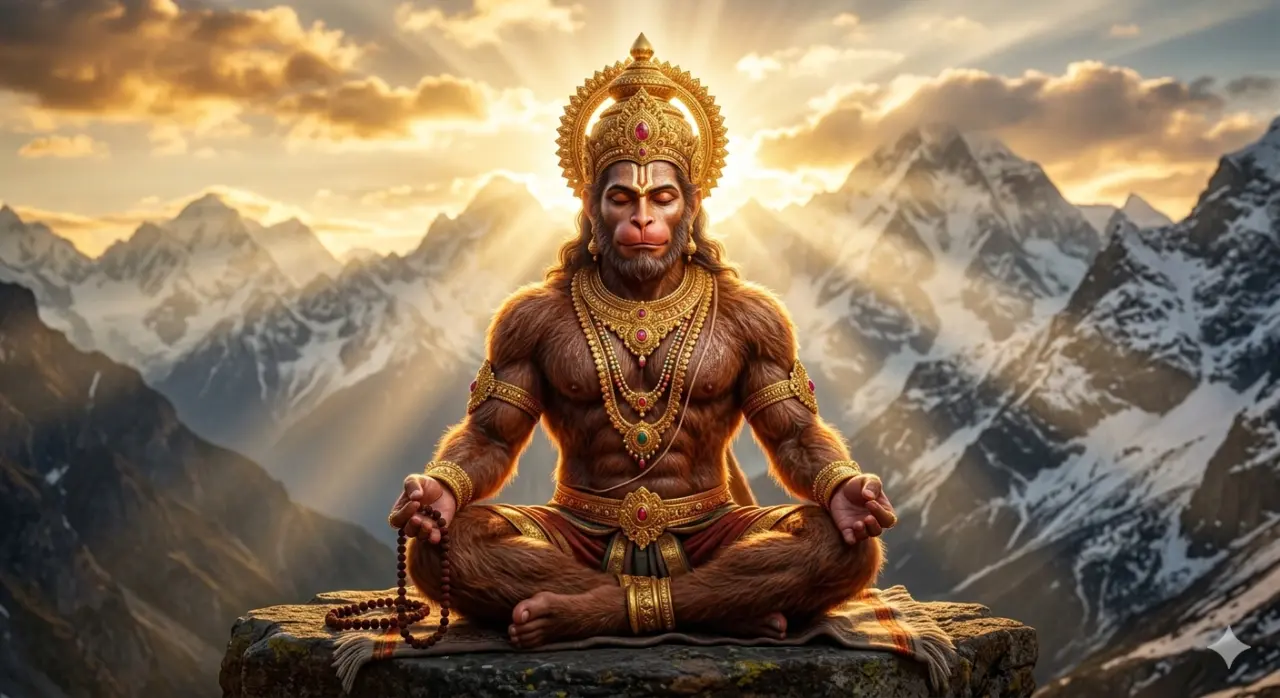 Lord Hanuman sitting in a meditative pose on a mountain peak in the Himalayas, AI Generated.