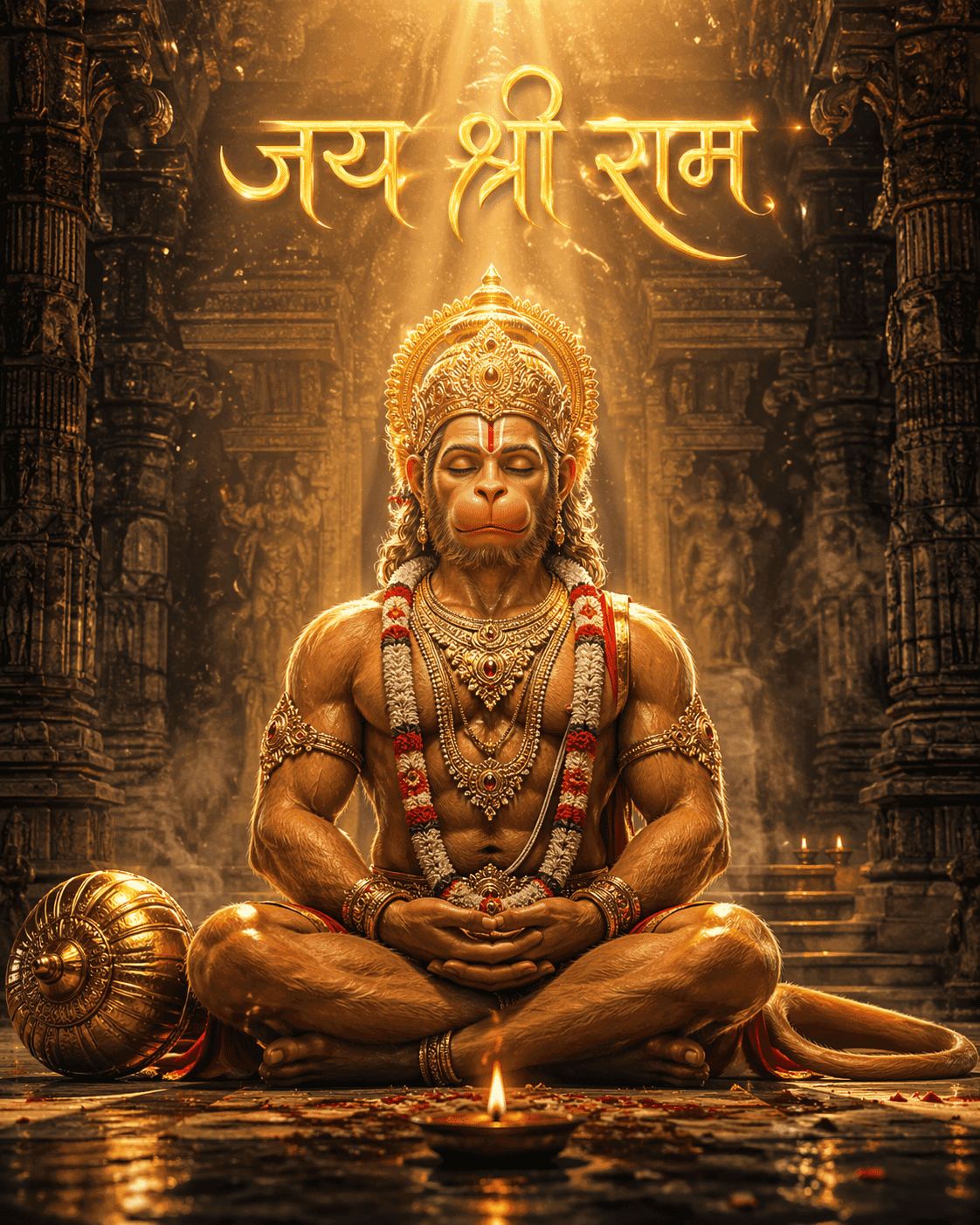 AI-generated digital art of Lord Hanuman meditating in a golden ancient temple with "Jai Shree Ram" text glowing above.