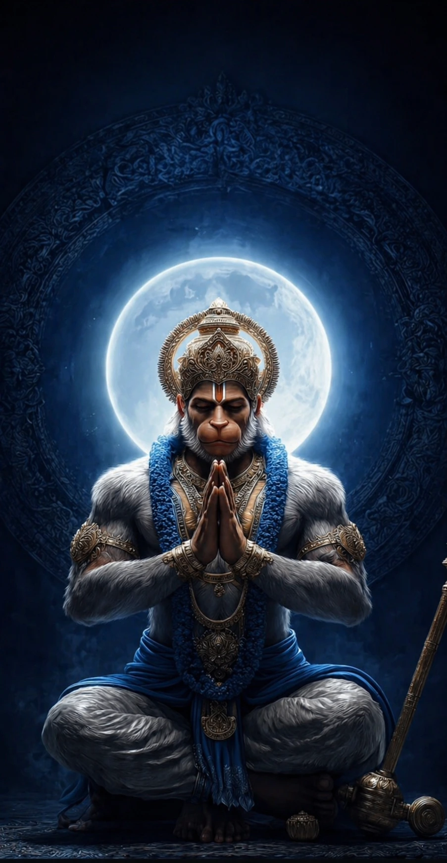 A serene and powerful image of Lord Hanuman sitting in a meditative pose with folded hands (Namaste) against a large, glowing full moon. He is wearing blue attire and golden ornaments, with a dark blue mystical background. AI Generated.