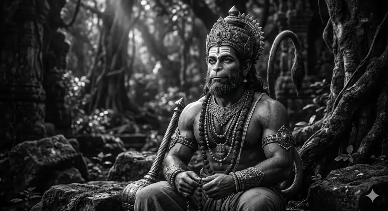 "A cinematic black and white digital portrait of Lord Hanuman sitting in a dense forest, holding prayer beads, with a serene and focused expression, AI generated."