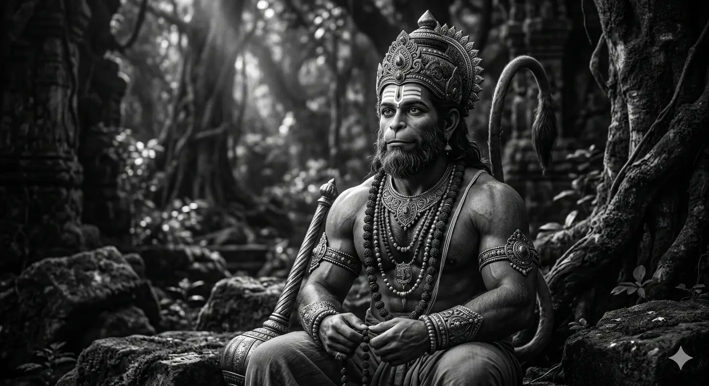 "A cinematic black and white digital portrait of Lord Hanuman sitting in a dense forest, holding prayer beads, with a serene and focused expression, AI generated."
