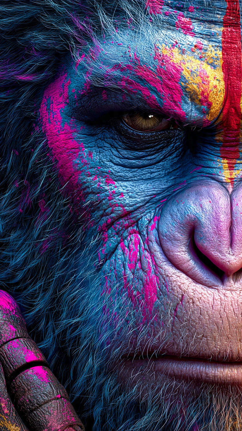 A hyper-realistic close-up digital painting of Lord Hanuman’s face with a modern artistic twist. He has blue-toned fur with splashes of neon pink and yellow colors. His forehead is marked with a traditional red Tilak, and his gaze is intense and powerful. AI Generated