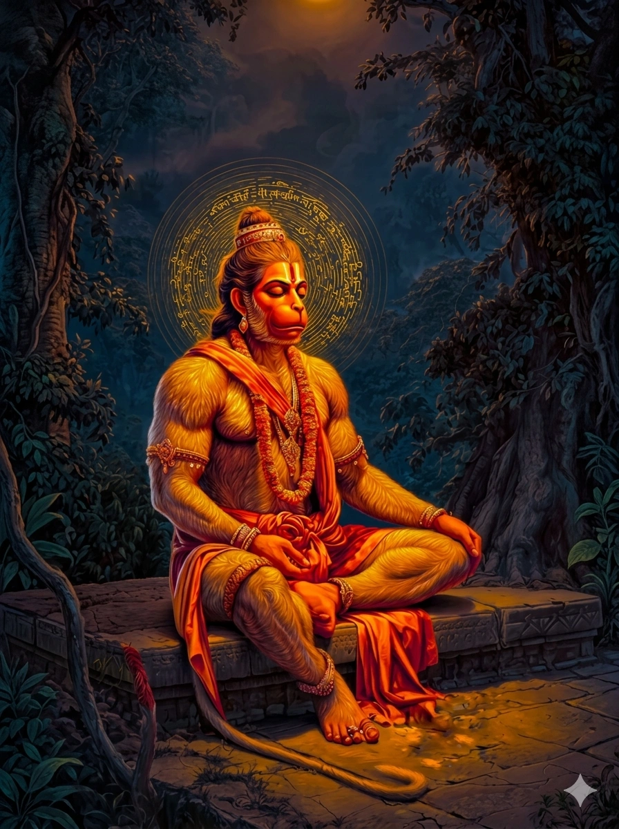 A calm scene of Lord Hanuman meditating in the middle of a forest at night, lit by a beautiful golden glow behind him