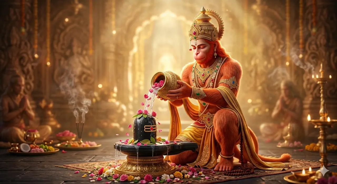 A cinematic digital artwork of Lord Hanuman kneeling and pouring water from a golden pot onto a Shiva Lingam adorned with pink flowers in a grand temple. AI Generated