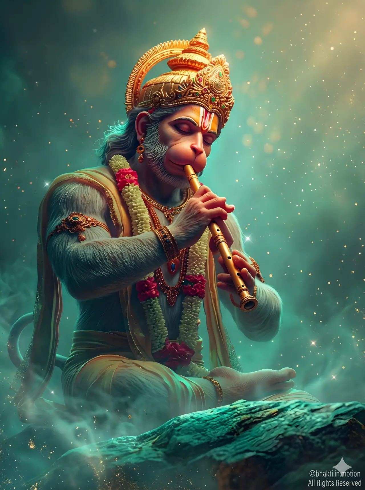 A serene digital portrait of Lord Hanuman with white fur, wearing a golden crown and playing a flute amidst mystical glowing dust. AI Generated