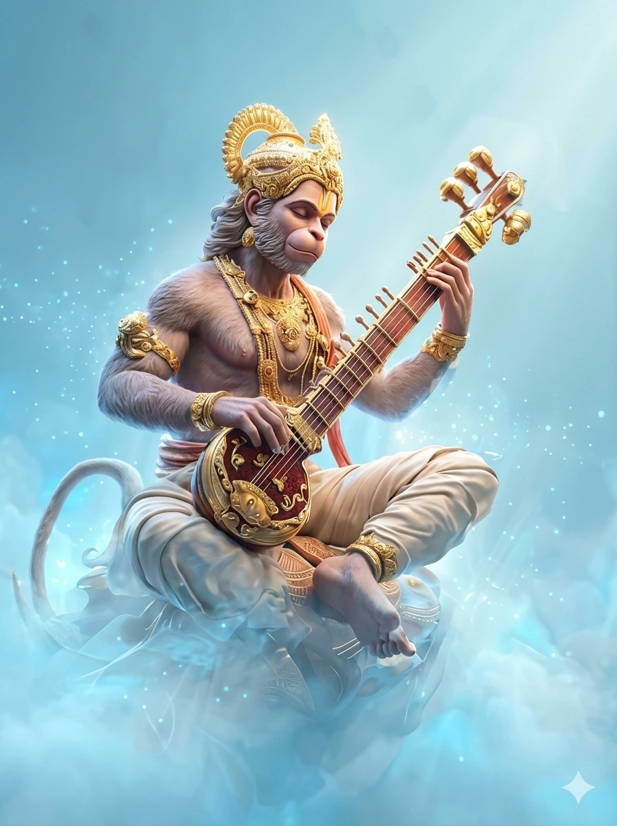 A divine and serene depiction of Lord Hanuman sitting cross-legged on a cloud, deeply absorbed in playing a golden Veena. He is adorned with an intricate golden crown and jewelry, surrounded by a soft blue ethereal glow and sparkling particles. AI Generated.