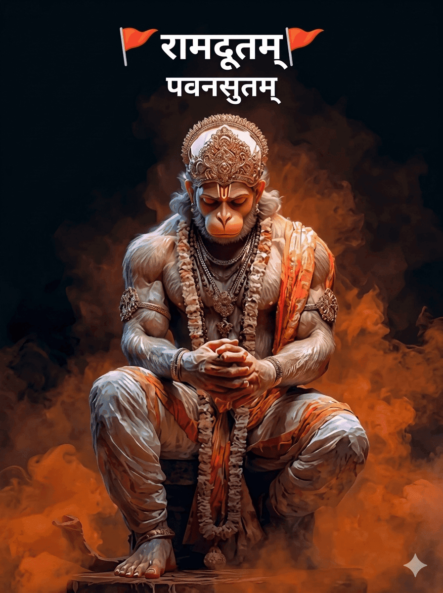 AI-generated digital art of Lord Hanuman sitting in a powerful pose with saffron smoke and "Ramdootam Pavansutam" text in Hindi.