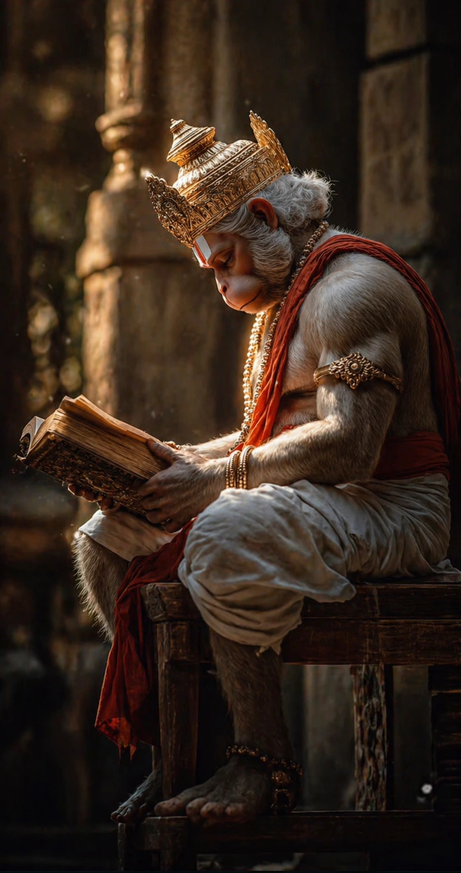 A realistic and artistic depiction of Lord Hanuman sitting on a wooden bench, wearing a golden crown and ornaments, deeply focused on reading an ancient book. The background shows a rustic stone temple setting with warm sunlight. AI Generated.