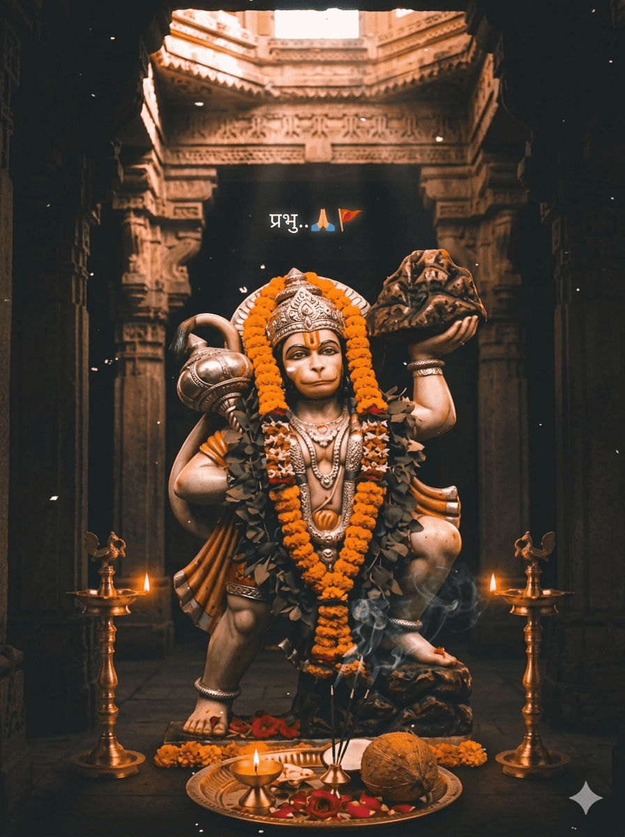 AI-generated divine image of Lord Hanuman lifting the Sanjeevani mountain inside a stone temple with traditional oil lamps (diyas).