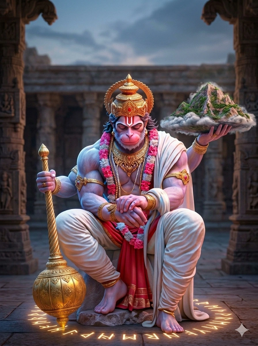 Lord Hanuman sitting in a temple holding Gada and Sanjivani mountain, AI Generated