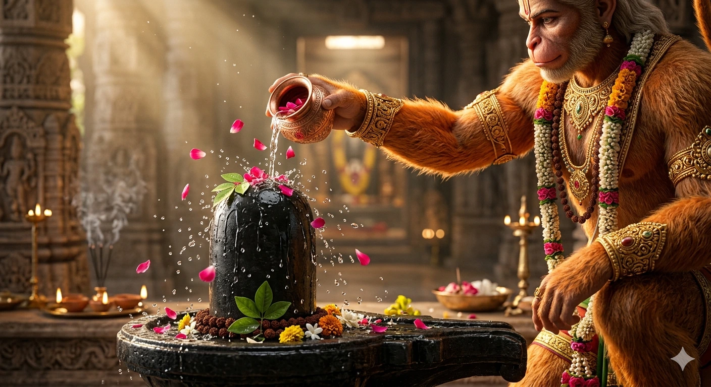 A cinematic close-up of Lord Hanuman pouring holy water and pink rose petals from a copper pot onto a black Shiva Lingam inside a sunlit ancient temple. AI Generated