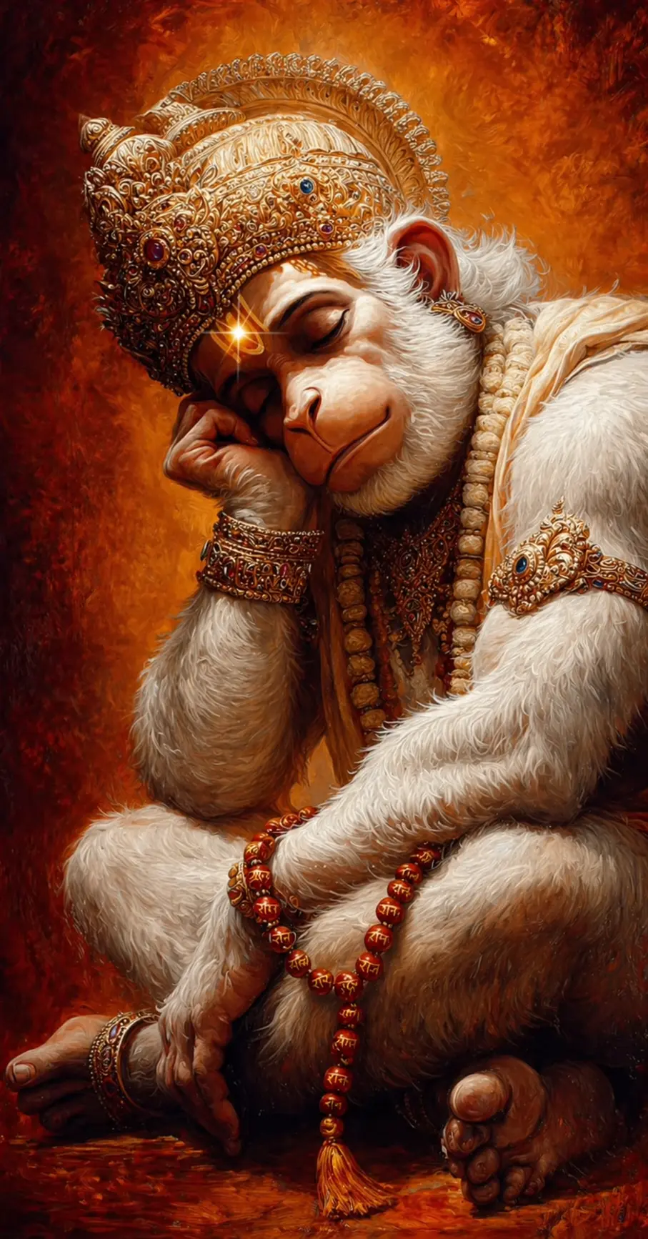 A serene digital painting of Lord Hanuman resting his head on his hand with closed eyes, wearing a magnificent golden crown and holding a rudraksha mala, in a warm orange glow. AI Generated